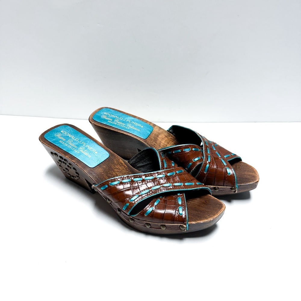 Donald Pliner Brown Leather Turquoise Blue Studded Wood Wedge Sandals